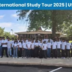 Group photo of students outdoors in matching T-shirts during the international study tour.